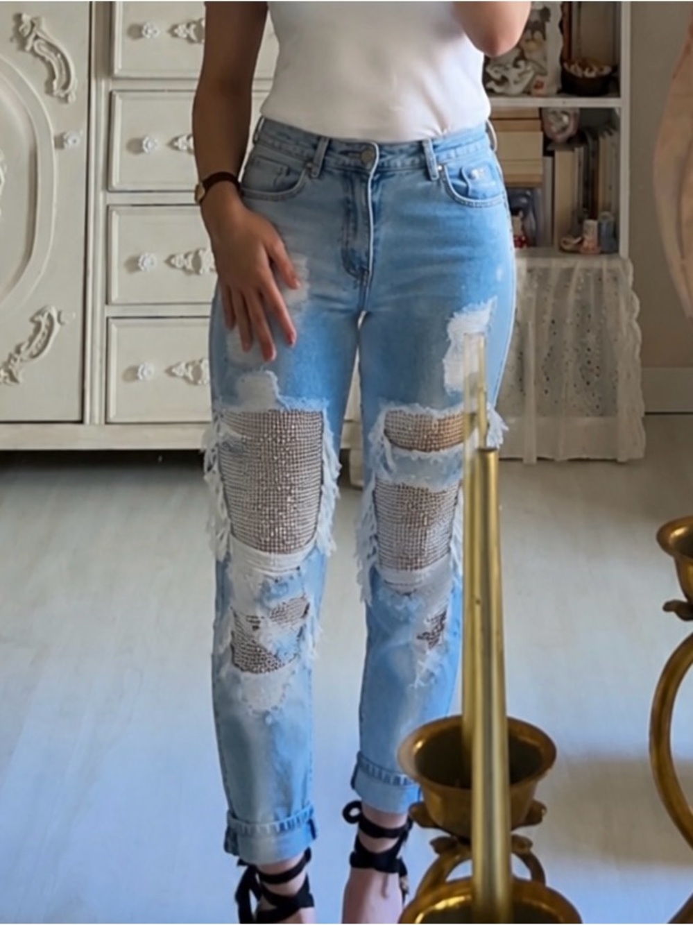 Fashion Nova Light Blue Distressed Rhinestone Boyfriend Jeans
